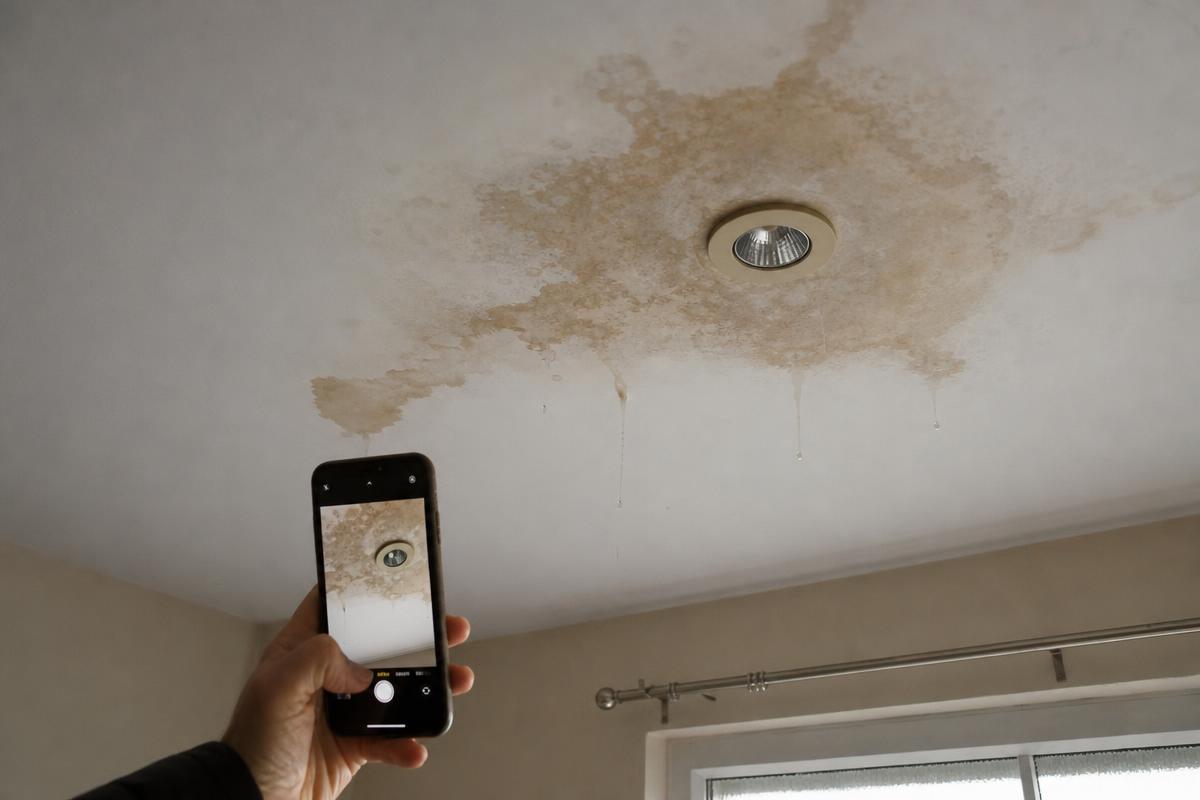 Resident filming a water-damaged ceiling with a smartphone to document the damage