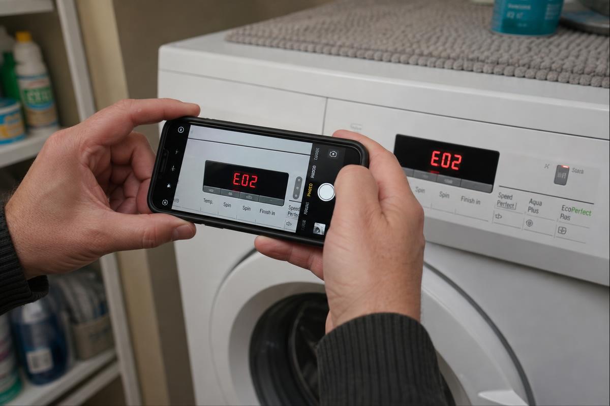Customer filming an error code on a washing machine display with a smartphone