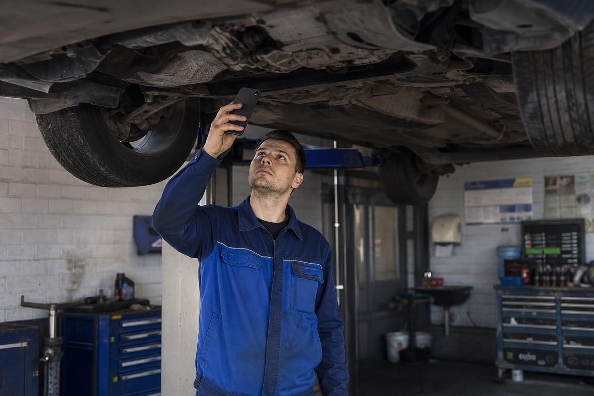 Workshop technician filming damage under a raised vehicle with a smartphone