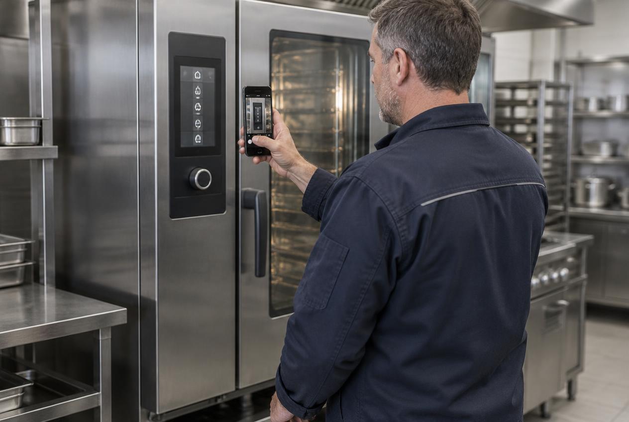 Service engineer filming a fault on industrial equipment with a smartphone