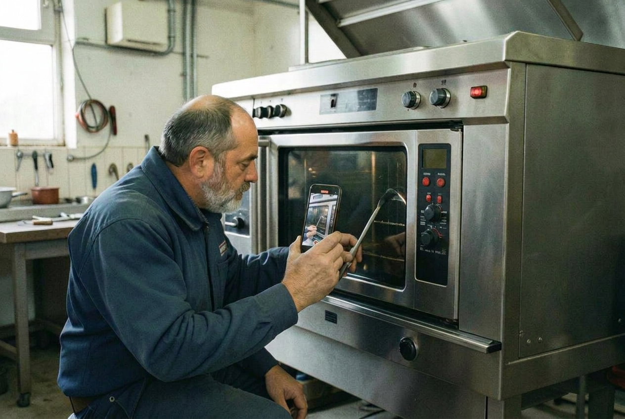 Service engineer filming a fault inside a commercial kitchen oven