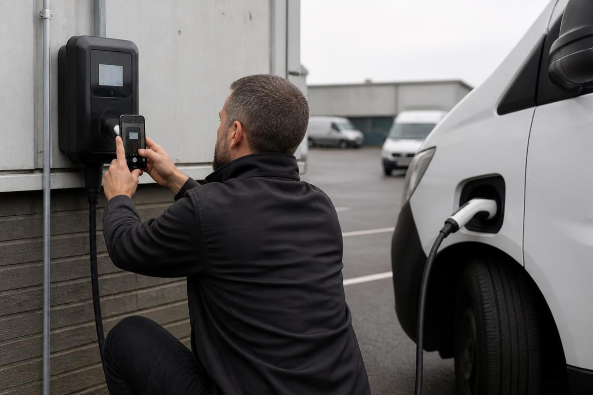 Depot engineer filming an EV charge point screen with a smartphone