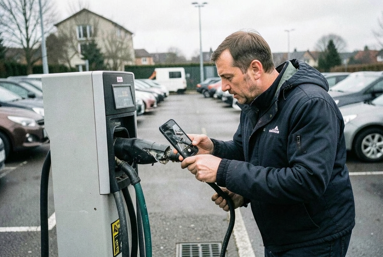 Technician filming a damaged connector on a public EV charging station