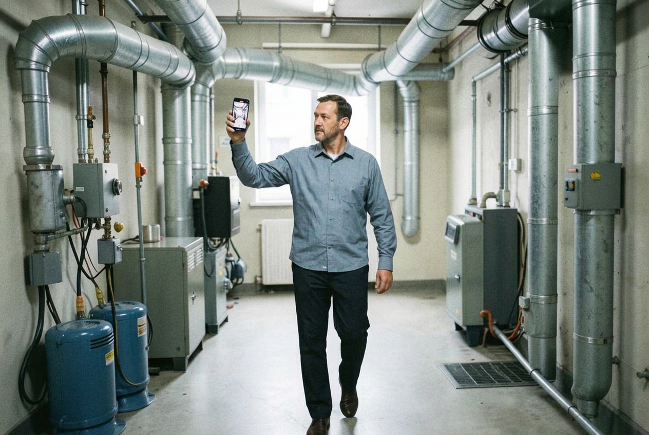 Facilities manager filming plant room equipment with a smartphone
