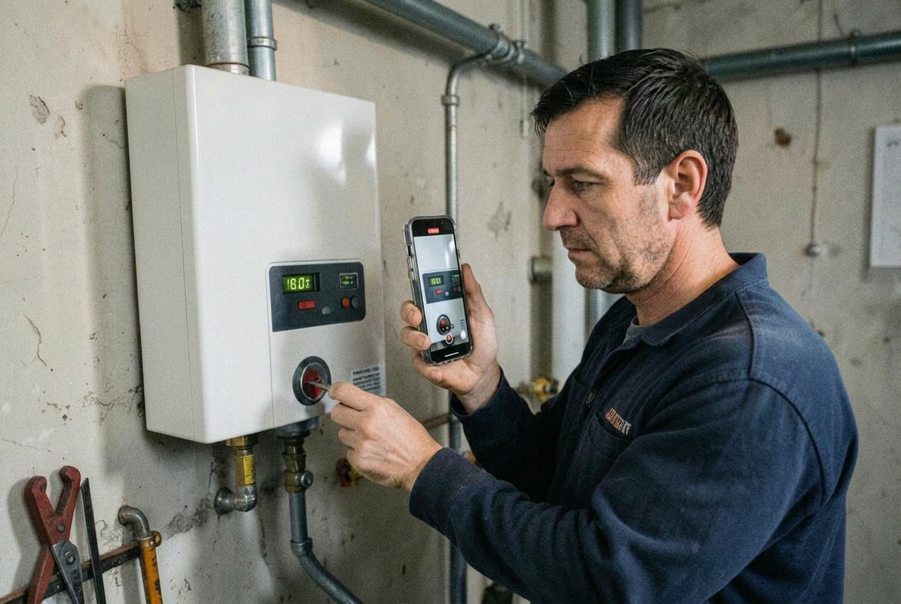 Heating engineer filming a boiler fault code with a smartphone