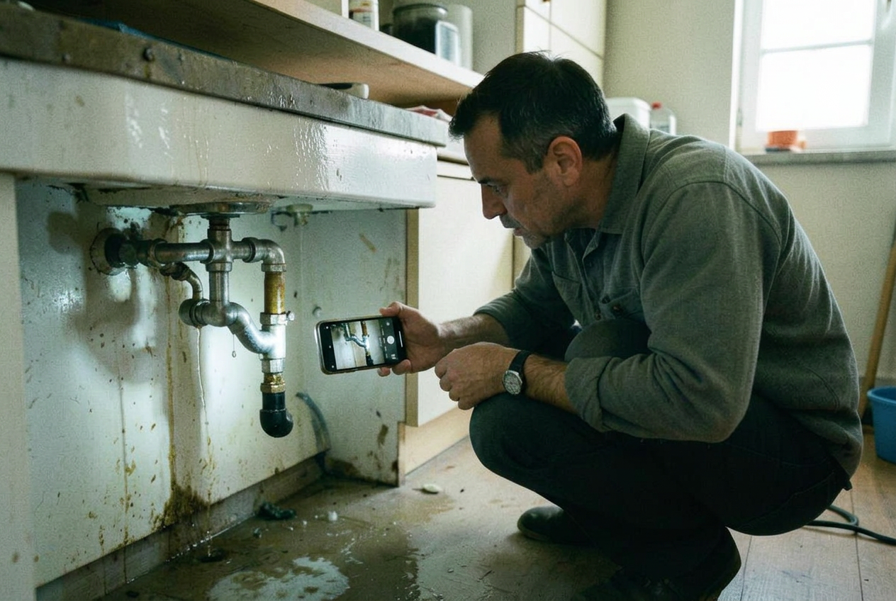 Plumber filming a leaking pipe joint under a kitchen sink with a smartphone