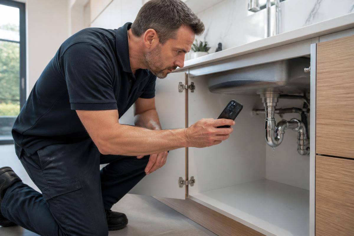 Plumber filming a leaking pipe joint under a kitchen sink with a smartphone