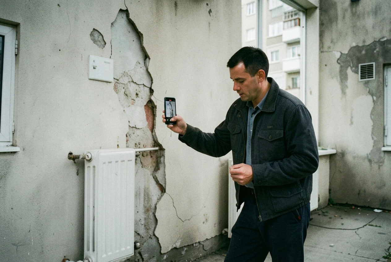 Maintenance worker filming a cracked damp wall with a smartphone
