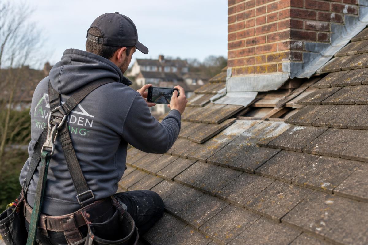 Roofing contractor filming damaged roof tiles and flashing with a smartphone