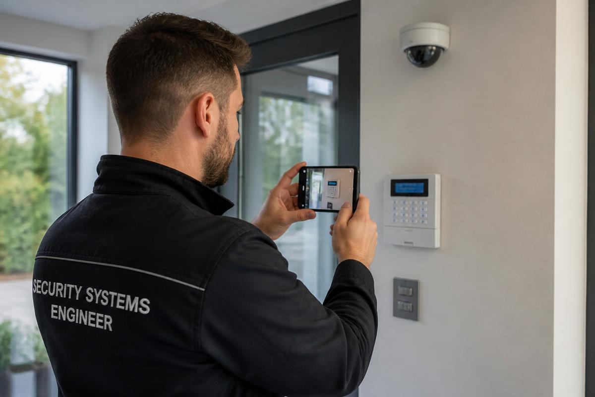 Security systems engineer filming an alarm control panel and camera with a smartphone