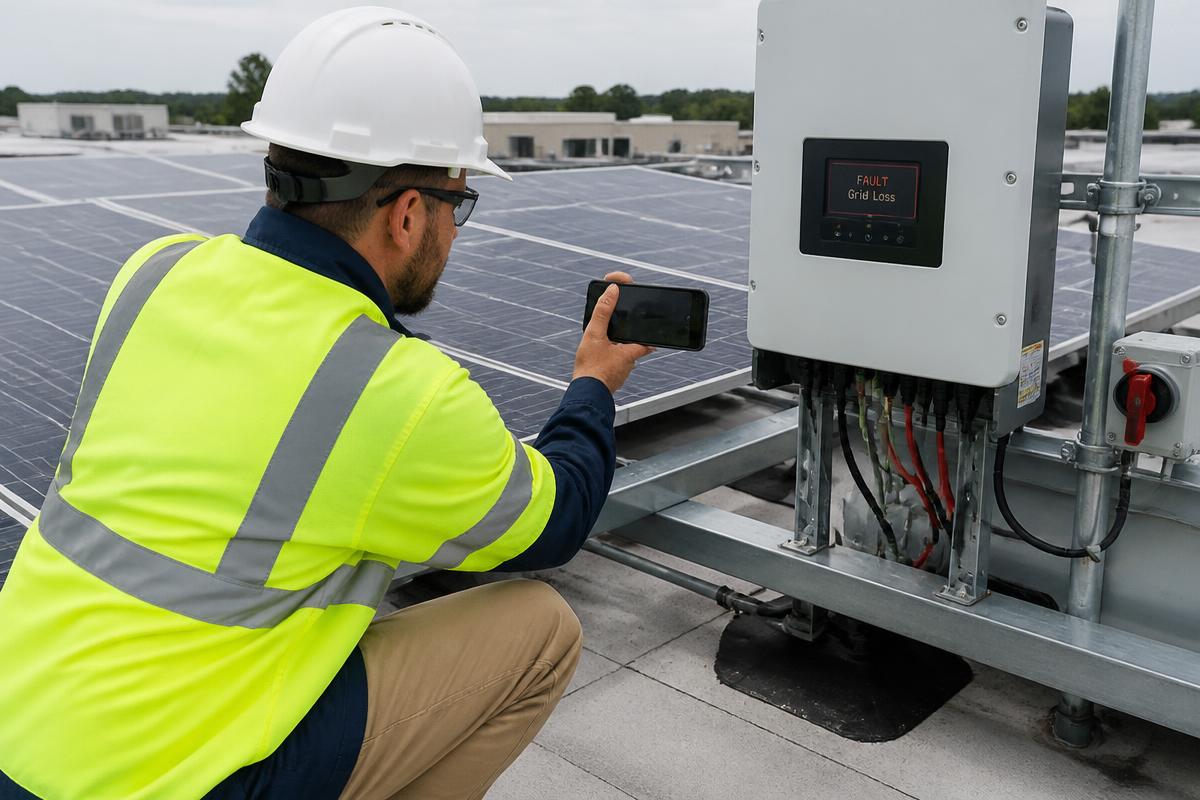 Solar technician filming a rooftop inverter fault display with a smartphone