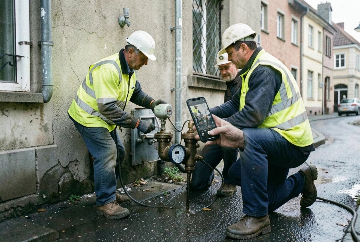 Water utility technician filming a street meter and valve with a smartphone