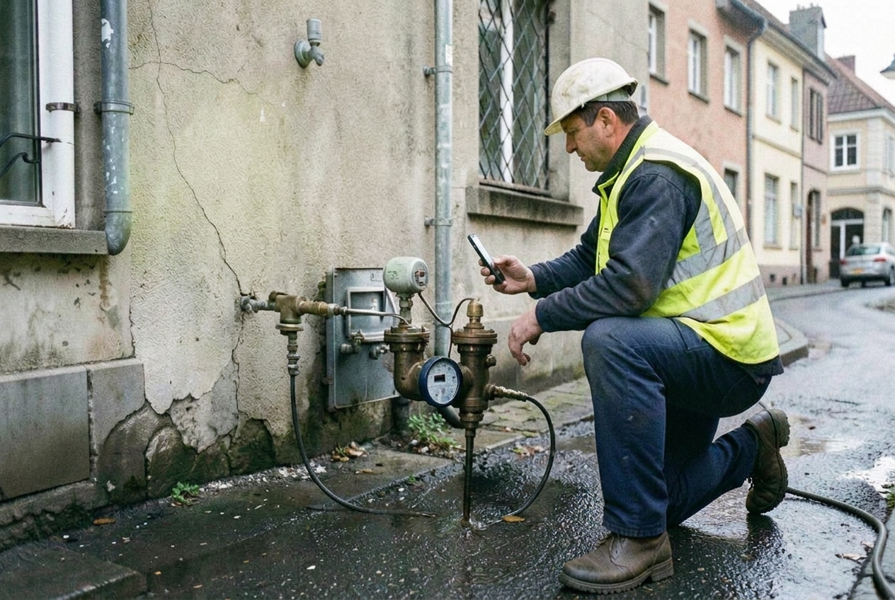 Water utility technician filming a street meter and valve with a smartphone