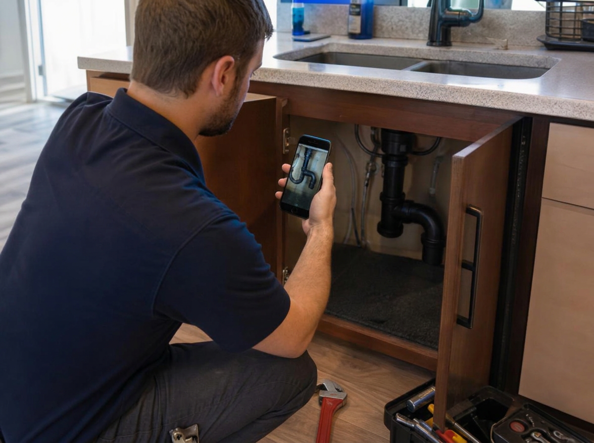 Plumber filming the repaired drain pipe under a kitchen sink with his smartphone