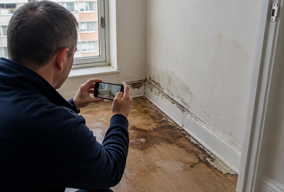 Resident filming water-damaged flooring for an insurance claim