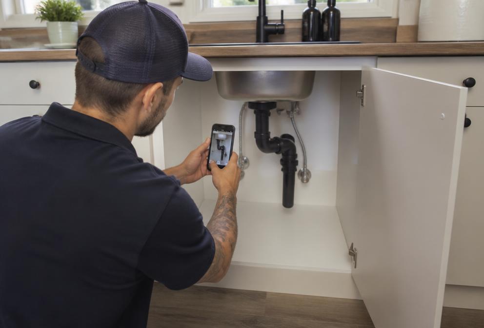 Technician filming a completed repair under a kitchen sink
