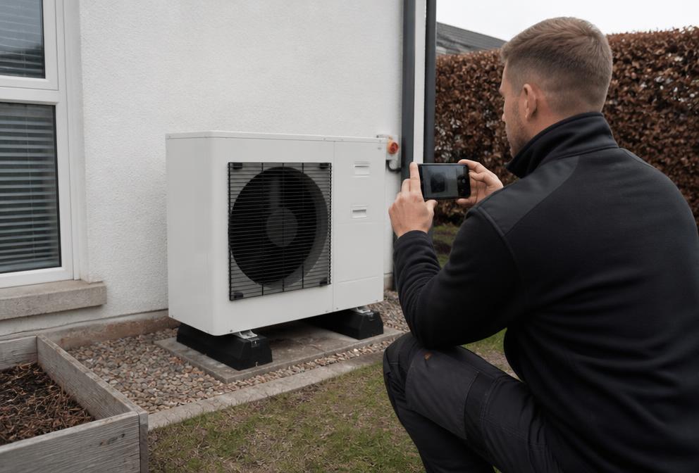 Technician filming a newly installed outdoor heat pump