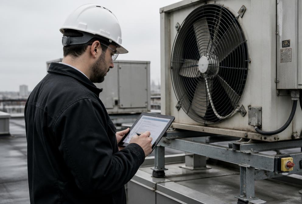 Technician working through a maintenance checklist on rooftop equipment