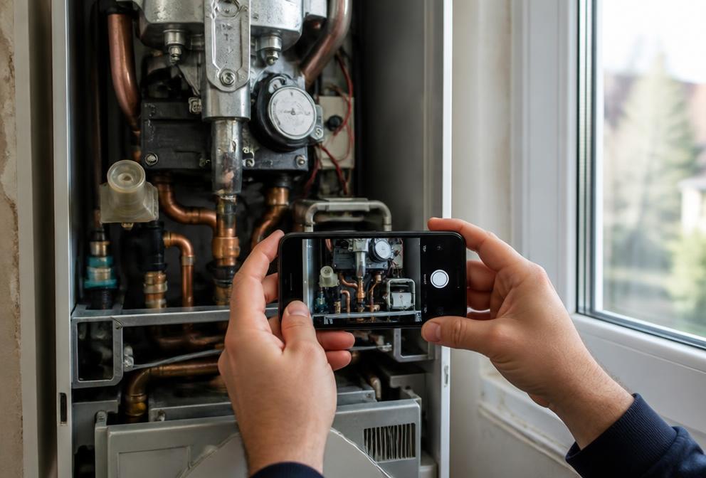 Technician filming boiler components as warranty evidence